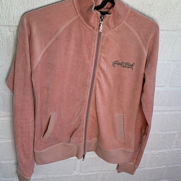 Hale Bob Pink Zip Up Velour Hoodie Race Track Sweat Jacket sz S - Picture 1 of 8